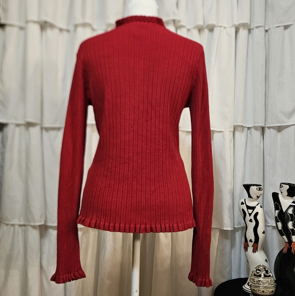 Chic Red Ribbed Ruffle Cardigan Sweater - Picture 4 of 5